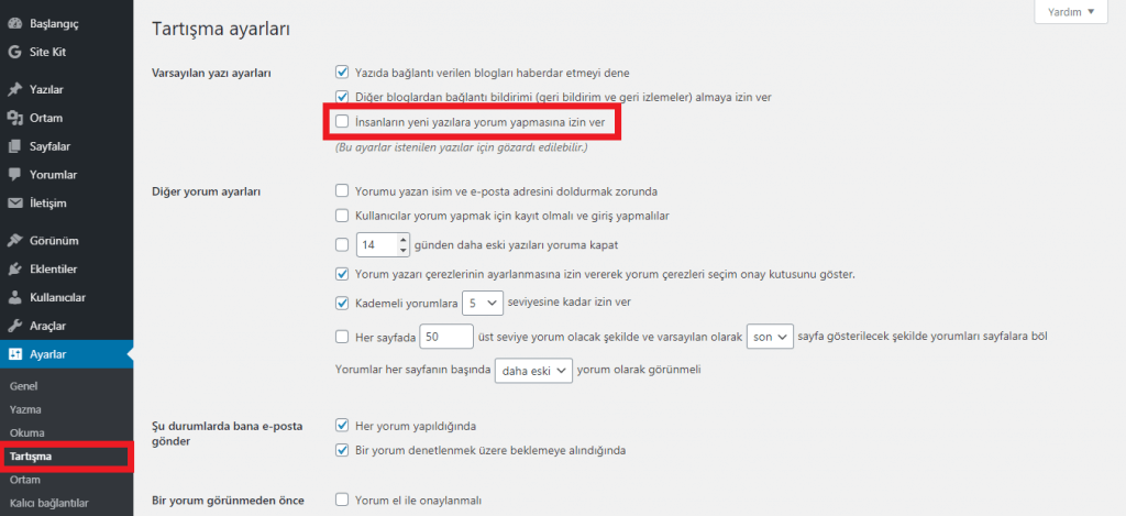WordPress Yorumları Kapatmak